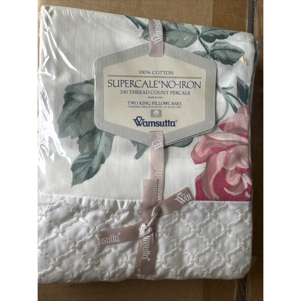 Vtg NOS Wamsutta Supercale Floral Embroidered King Pillow Case Set